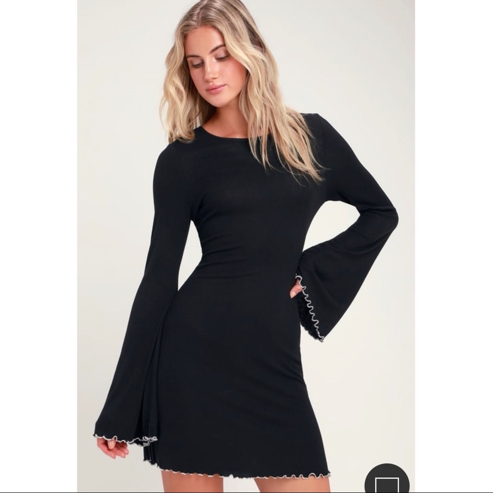 Lulu’s Cardiff Black Ribbed Bell Sleeve Lettuce Edge Dress